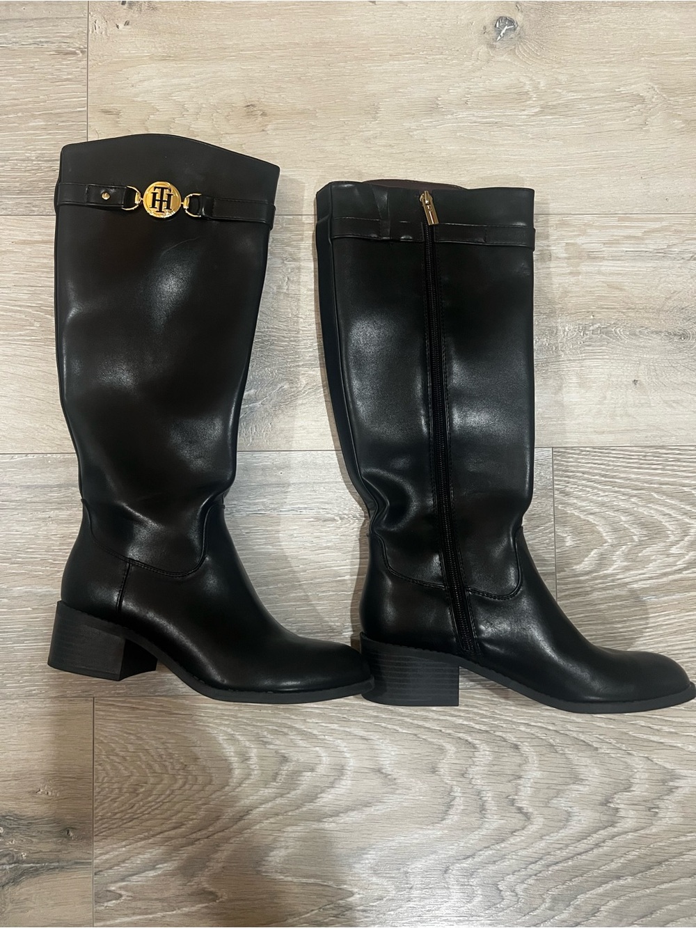 Tommy Hilfiger Black Leather Tall Riding Boots with Gold Logo
